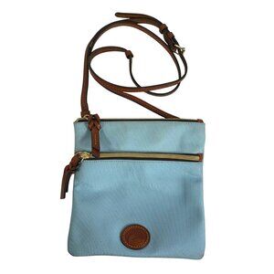 Dooney Bourke Double Zip Sky Blue Nylon Crossbody Vacchetta Leather Trim Strap